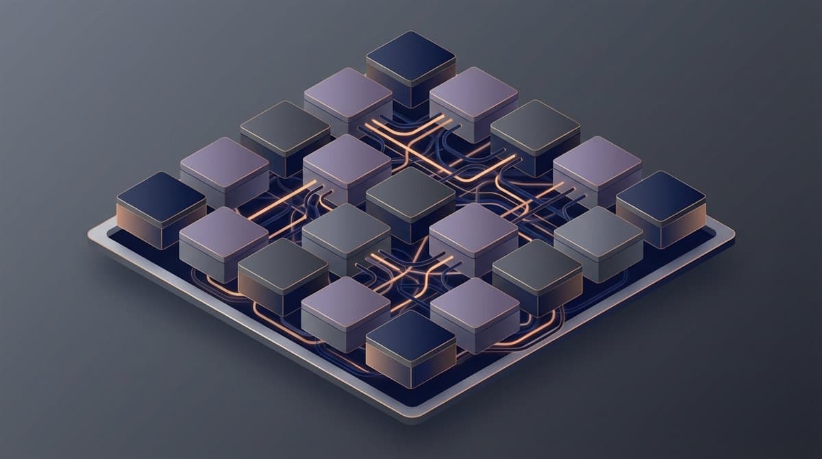 Conceptual illustration of complex modular data architecture with interconnected components