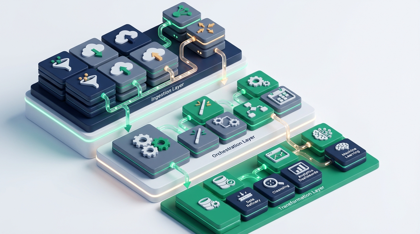 High-level architecture diagram of Airbyte ingestion, Airflow orchestration, and dbt transformation layers