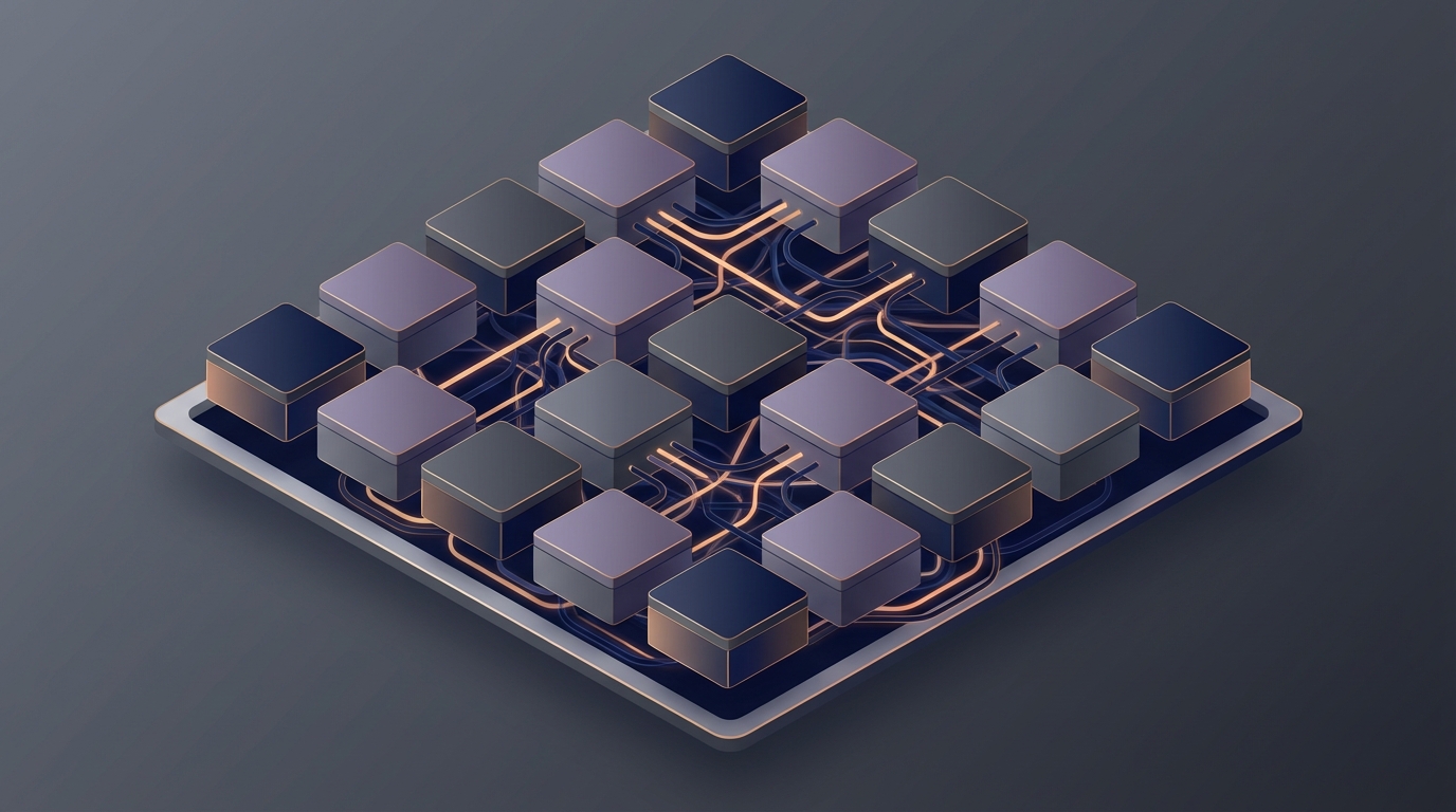 Conceptual illustration of complex modular data architecture with interconnected components